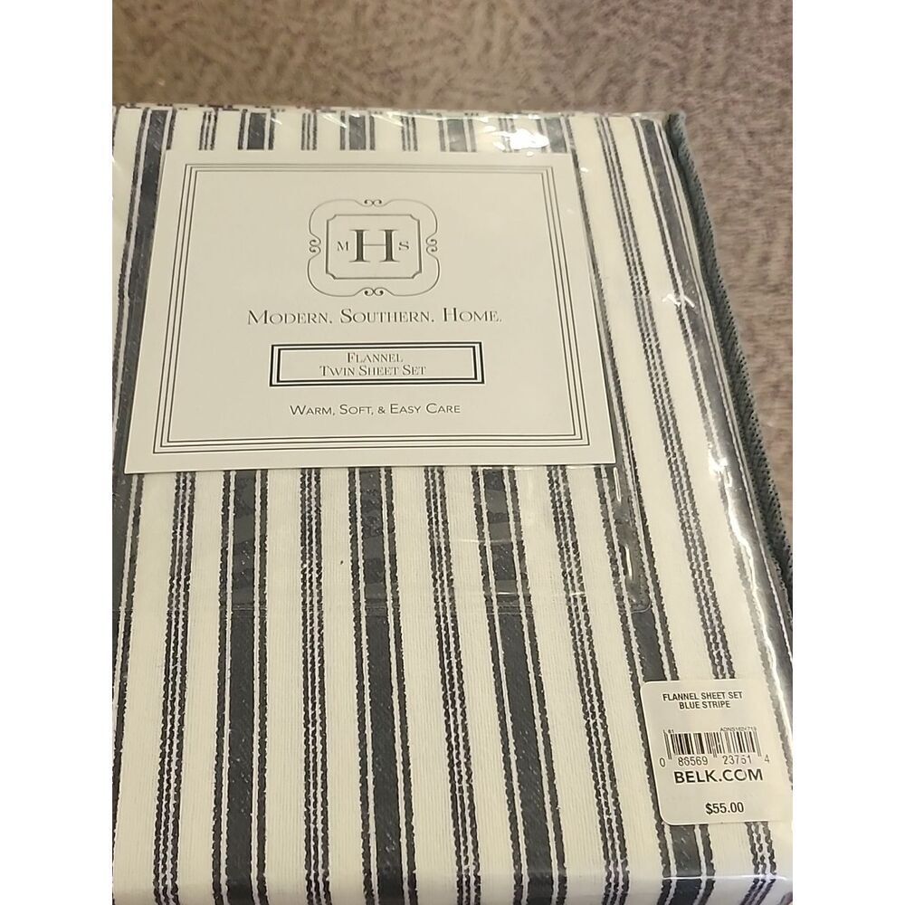 Modern Southern Home Blue Stripe Flannel Twin Sheet Set
